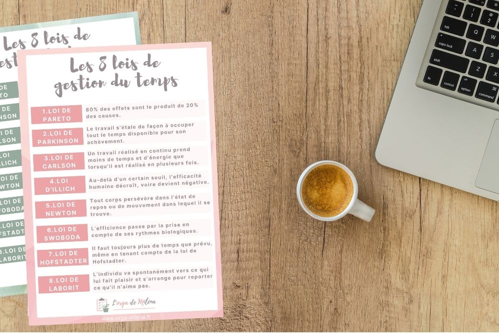 212.1 – Visuel – Recap lois de gestion du temps Les 8 lois de gestion du temps vous connaissez ? Elles impactent votre vie au quotidien pourtant ! Mais en sachant les utiliser, vous pouvez en faire des alliées de votre productivité. Dans cet article, je vous explique en détail les concepts et surtout comment les mettre en pratique chaque jour pour être plus efficace #productivité #organisation #gestiondutemps #entrepreneuriat