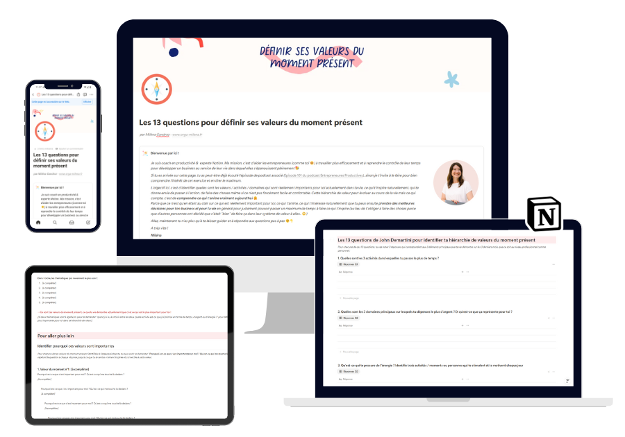 Mockup du template Notion offert "Définir son système de valeurs suivant la méthode de John Demartini"